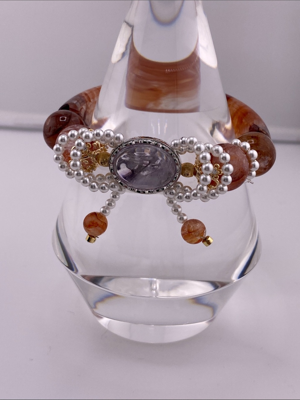 🎀 Red Fire Quartz Half Bangle Pearl Bow & Amethyst Bracelet - Picture 3 of 6